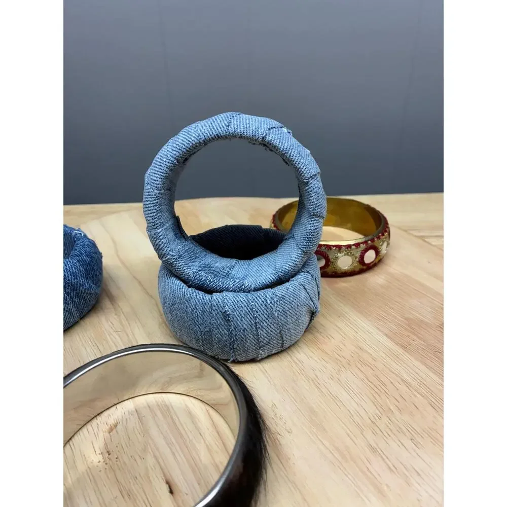 Upcycled Bangle Bracelet Set – Denim Wrapped, Embroidered, and Faux Fur